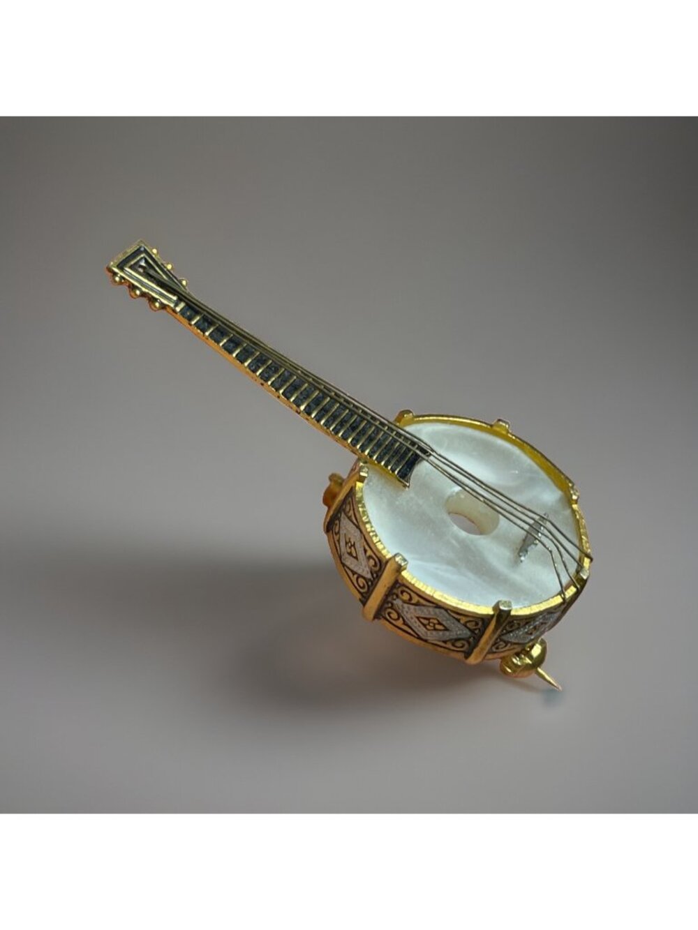 Vintage Spain Gold-tone Damascene Mother Of Pearl MOP Banjo Brooch